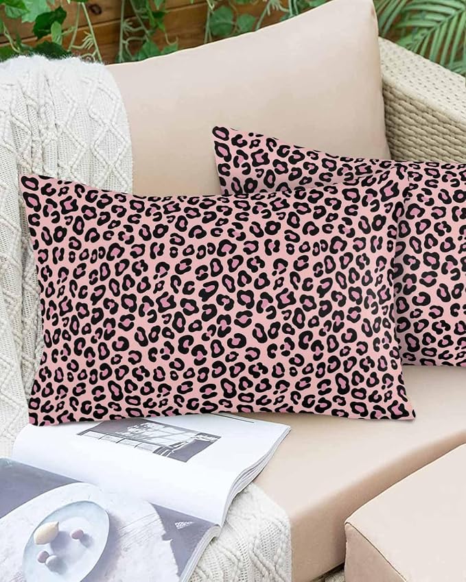 Vandarllin Outdoor Throw Pillows Covers 20x12 inch Set of 2 Waterproof Pink Leopard Print Decorative Zippered Cushion Covers for Patio Furniture, Luxury Animal Fur Pattern Lumbar Pillowcases
