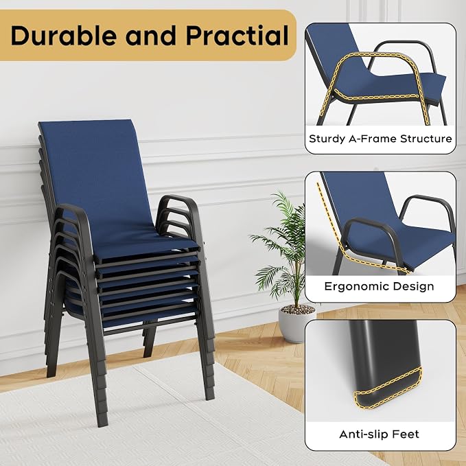 Outdoor Patio Dining Set for 6, 7 Pieces Patio Table and Chairs Set with Umbrella Hole, 47"x 47" Round Metal Wood-Grain Dining Table Set with 6 Stackable Patio Chairs for Deck , Backyard, Porch
