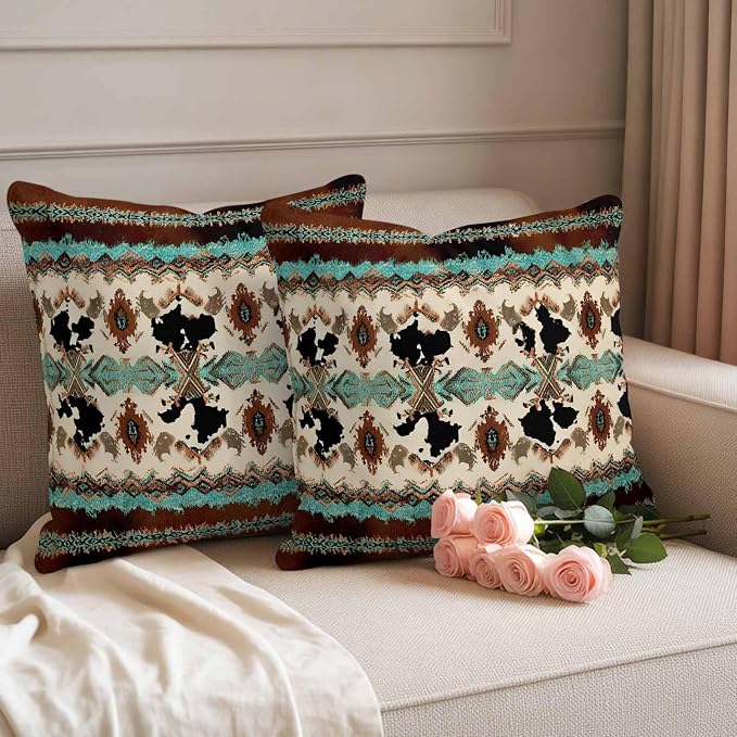 Boho Cowhide Outdoor Pillow Covers 18"x18" Set of 2, Western Aztec Tribal Green Brown Cow Texture Waterproof Throw Pillow Covers for Patio Furniture, Decorative Cushion Covers for Porch