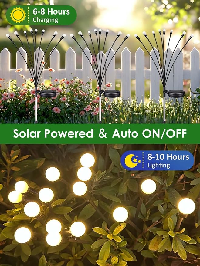 8 Pack Solar Garden Lights, 64 LED Firefly Lights Solar Outdoor Waterproof | 2 Lighting Modes, Sway with Wind, Solar lights Outdoor for Garden Yard Patio Pathway Holiday Decorations, Warm White