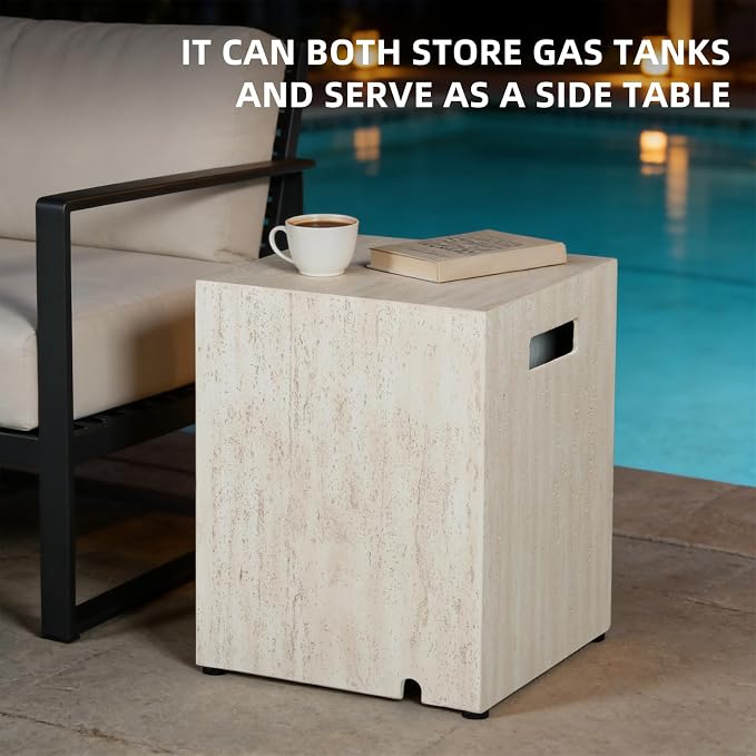 Propane Tank Cover Table, Square Tank Container Fits Standard 20 lb Cylinder Bottle Storage Box Hideaway Table, Gas Tank Holder for Outdoor Gas Fire Pits, Beige Travertine