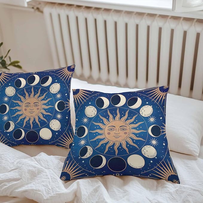Celestial Sun and Moon Waterproof Outdoor Pillow Covers Set of 2 Home Decor, Blue Starry Galaxy Boho Pillowcase Patio Pillow Covers for Couch Bench Patio Furniture Garden 16x16in