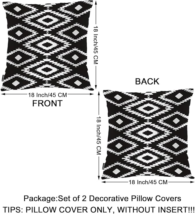 Swono Geometric Throw Pillow Cases, Navajo Style Trial Black White Zigzag Set of 2 Decorative Throw Pillow Cover, Square Pillow Cushion Case Home Decor for Sofa Couch Bed Car 18x18 Inches