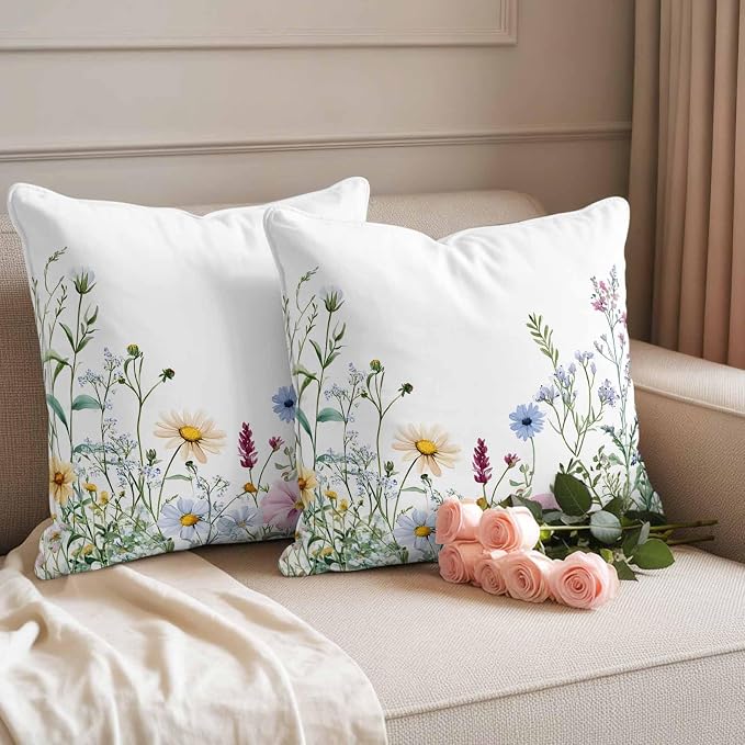 Farms Wildflowers Outdoor Waterproof Throw Pillow Covers Set of 2, 18"x18", Herbs Countryside Watercolor Floral Leaf Decorative Pillow Covers Outside Cushion Case for Patio Porch Garden