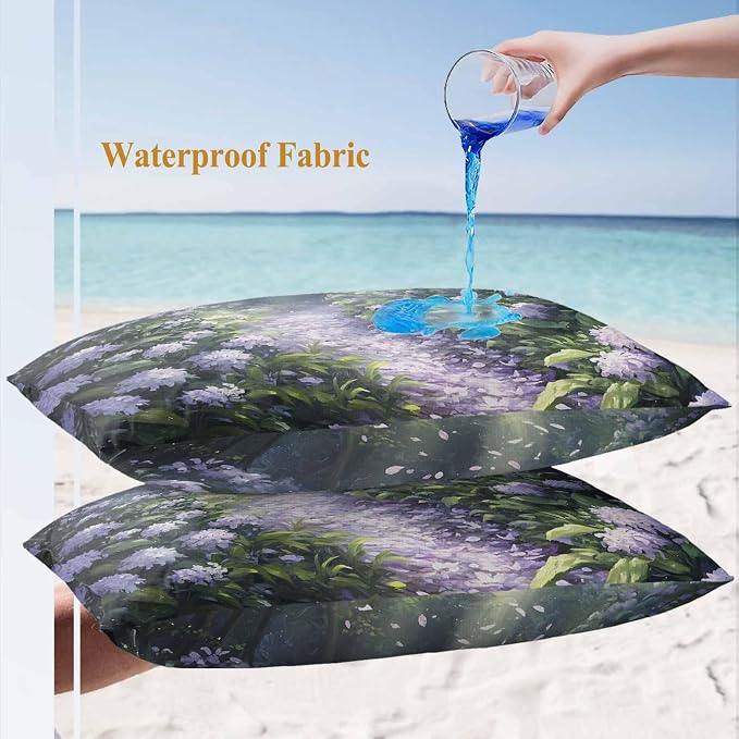Purple Floral Outdoor Waterproof Throw Pillow Covers Set of 2, 20"x12", Spring Landscape Scenery Nature Decorative Pillow Covers Outside Cushion Case for Patio Porch Garden