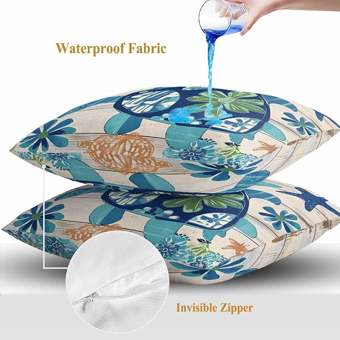 Ocean Turtle Outdoor Waterproof Throw Pillow Covers Set of 2, 26"x26", Sea Animals Rustic Wooden Board Decorative Pillow Covers Outside Cushion Case for Patio Porch Garden