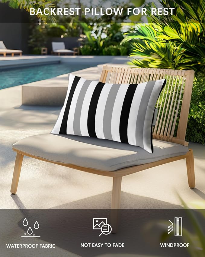 Outdoor Pillows Waterproof Covers Set of 2, Black Gray Stripes Adjustable Elastic Chaise Lounge Headrest Pillow Covers, Contrast Striped Decorative Lumbar Pillow for Pool Patio Furniture 20x12 Inch