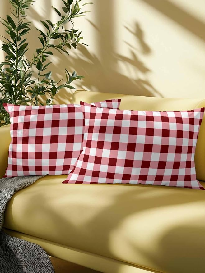 Waterproof Outdoor Pillow Set of 2 Red Check Buffalo Plaid Decorative Throw Pillows Cover & Insert 20x12 Inch Lumbar Pillowcase Check Lines Pillows for Couch Sofa Bed Patio Furniture Indoor Outdoor