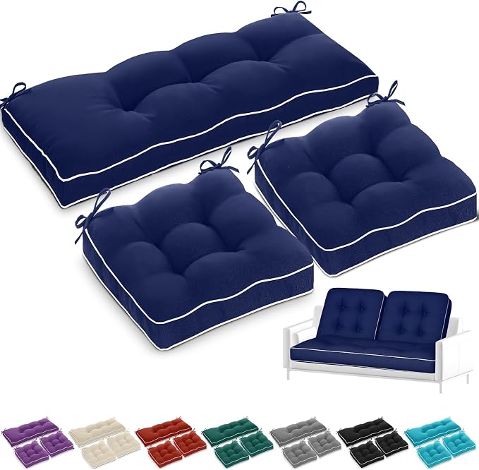 Wenqik 44 x 19 x 4 Inch Outdoor Bench Cushion Set of 3 Waterproof Tufted 1 Patio Loveseat Cushions and 2 Square Chair Seat Pad for Outdoor Furniture Couch Swing Sofa Wicker Settee(Navy Blue)