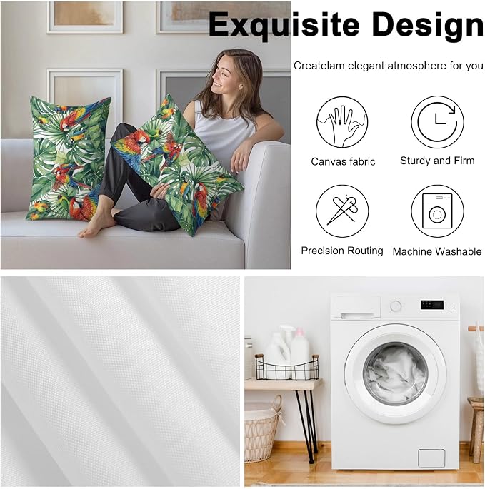 Pack of 2 Waterproof Outdoor Pillow Covers 20x12 Inch Decorative Pillow Covers Tropical Plants Throw Pillowcases Summer Rustic Monstera Palm Leaves Birds Green Outdoor Cushion Cover for Couch, Patio