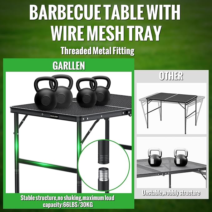 GARLLEN Folding Grill Table, 2-Height Adjustable Folding Camping Table with Heat-Resistant Wider Tabletop, Portable Aluminum Outdoor Tables for BBQ, Camping, Picnic, 35" L x 21.65" W, Black