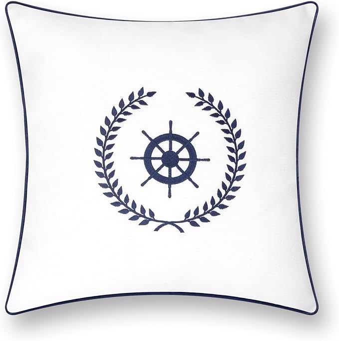 Hofdeco Premium Coastal Patio Indoor Outdoor Throw Pillow Cover Only, 18"x18" Water Repellent for Backyard, Couch, White Embroidered Nautical Yacht Wheel