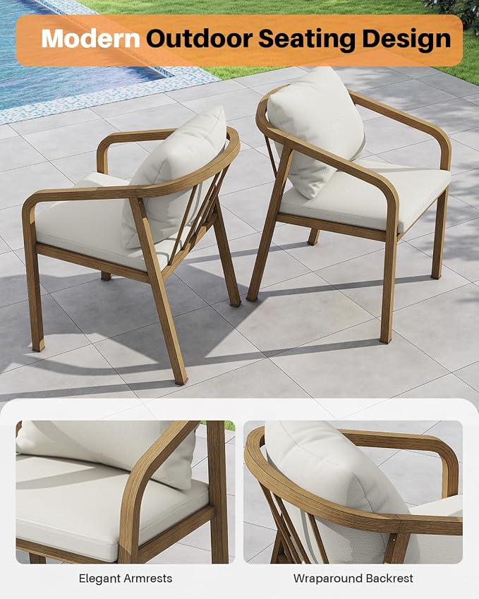 Never-Rust Aluminum Outdoor Dining Chairs Set of 2, Patio Dining Chairs with Thick Cushion, Outdoor Patio Chairs with Wraparound Backrest and Curved Armrest for Backyard, Lawn, Deck, Teak