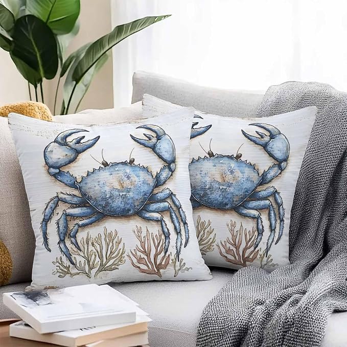 Blue Crab Coastal Outdoor Waterproof Pillow Covers, Nautical Summer Coral Ocean Beach Decorative Square Throw Pillowcase Sofa Cushion Sham for Patio/Couch/Chair, 18"x18" 2 Pack