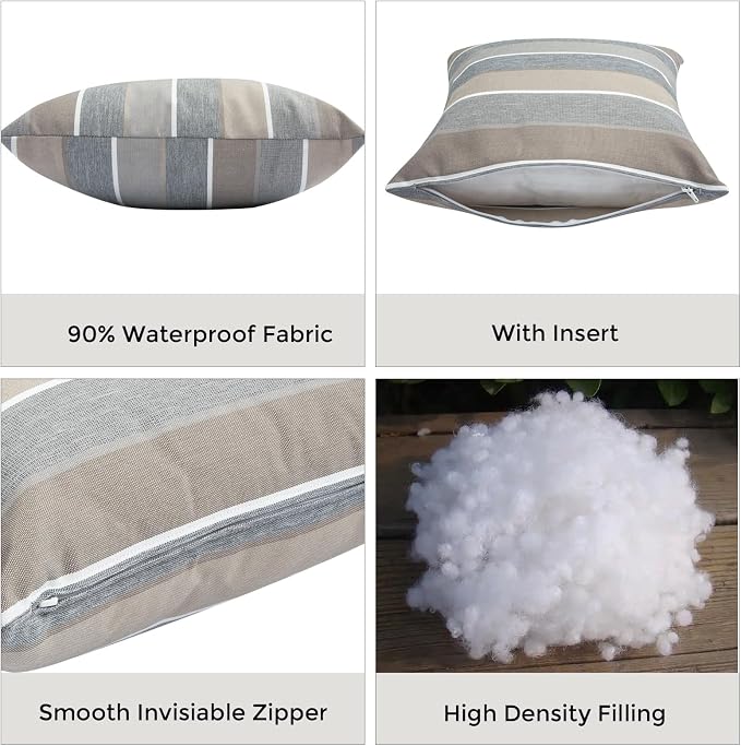 FUNHOME Outdoor Throw Pillows Water Resistant 18x18 inch,Decorative Throw Pillow with Insert Set of 2,Hidden Zipper Headrests for Patio Furniture Sofa Couch Chair(Gray Stripe)