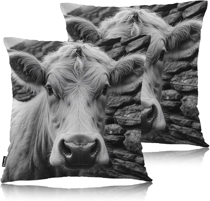 Swono Highland Cattle Pillow Covers, Farm Animal Cow Cattle Decorative Pillow Case Home Sofa Cushion Set, Pillow Cushion Cases for Bed/Patio/Garden/Balcony, 2-Pack 18x18 Inch, Black White