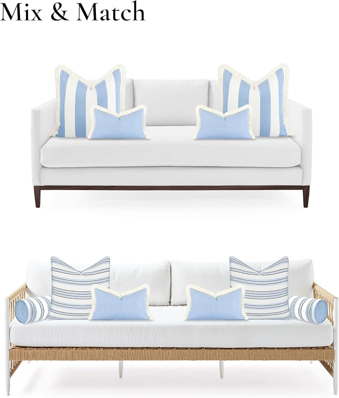 Hofdeco Premium Coastal Hampton Outdoor Performance Lumbar Pillow Cover Only, 12"x20" Water Repellent, UV and Fade Resistant for Backyard, Couch, Poolside, Azure Blue Woven Solid