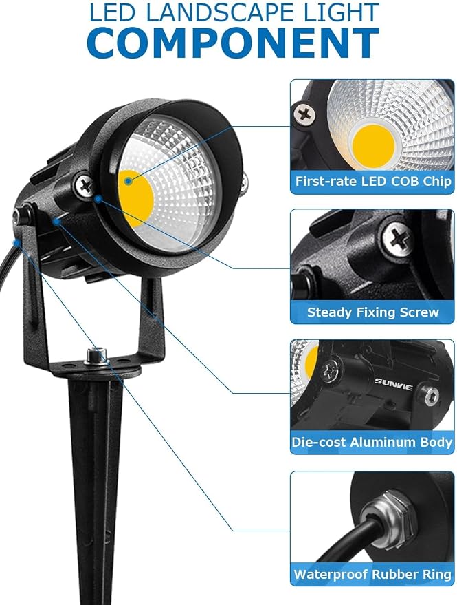 SUNVIE LED Low Voltage Landscape Lights with Spike Stand & Connector 16Pack | 12V 3000K Waterproof 900LM Yard Pathway Garden Lights Wired Wall Tree Flag Landscape Spotlights Outdoor (Require Transformer)
