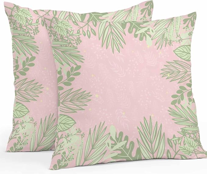 Vandarllin Outdoor Throw Pillows Covers 26x26 inch Set of 2 Waterproof Sage Green Leaves Decorative Zippered Cushion Covers for Patio Furniture, Spring Floral Plants Pink Lumbar Pillowcases