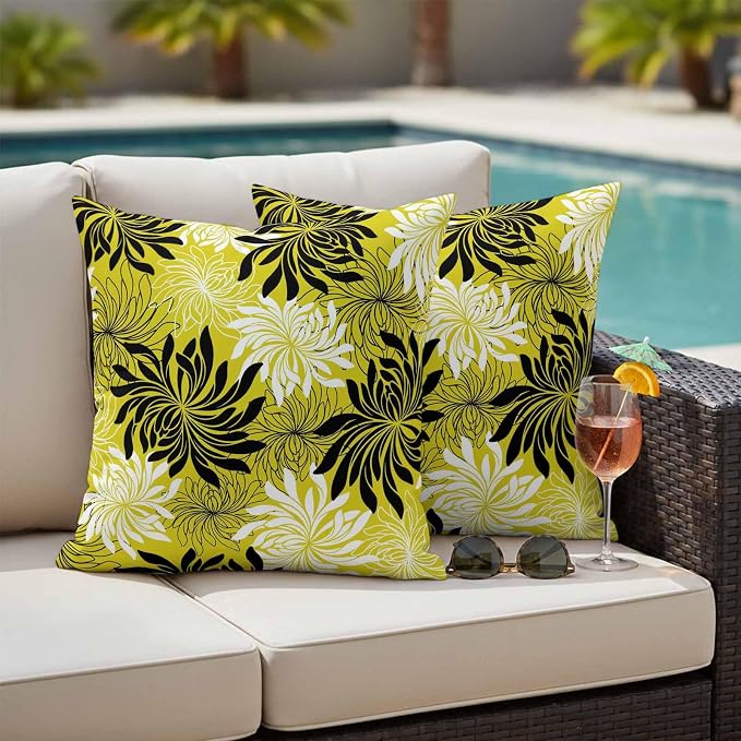 Yukro Yellow Black Floral Outdoor Waterproof Pillow Covers Pack of 2, Vintage Yellow White Black Flower Decorative Throw Pillowcases Cushion Covers for Garden Patio Tent Sofa Couch, 20x20 inch