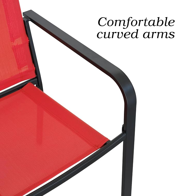 Anmutig 7 Piece Patio Dining Set 54 Inch Round Table Stackable Chairs Red | Powder-Coated Steel Frame, Quick-Dry Textilene Mesh, Dual-Size Umbrella Hole, Weather Resistant, Patio, Garden, Backyard