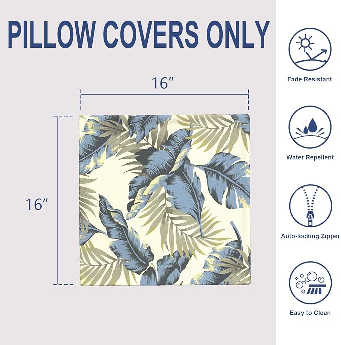 Outdoor 16x16 Inch Throw Pillow Covers Set of 2, Covers ONLY, All Weather Square Pillow Cases, Patio Cushion Pillow of Home Furniture Use, ‌Lush Palm Blue