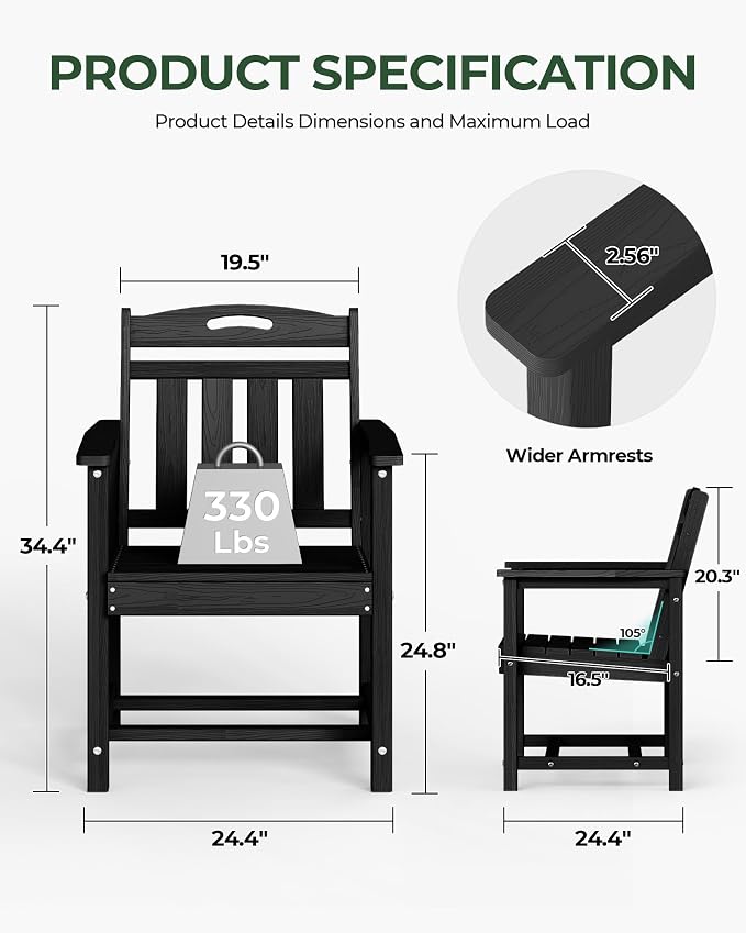 Set of 2 Weatherproof Patio Chairs - HDPE Outdoor Dining Chairs with Wide Seat, Ergonomic Design - for Garden, Backyard, Deck - Black