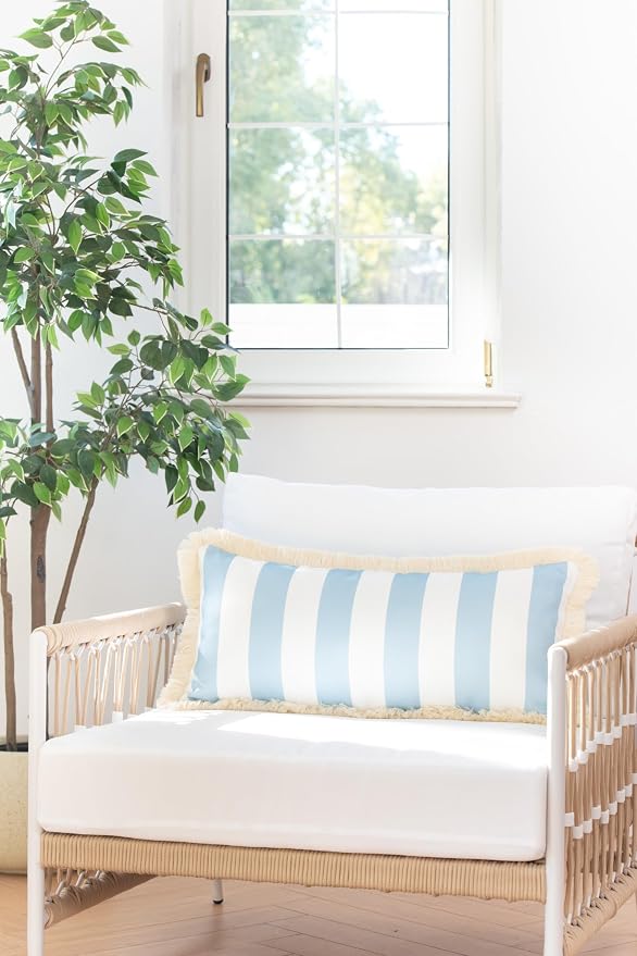 Hofdeco Premium Coastal Patio Indoor Outdoor Long Lumbar Pillow Cover Only, 12"x26" Water Repellent for Backyard, Couch, Baby Blue Stripes with Fringe