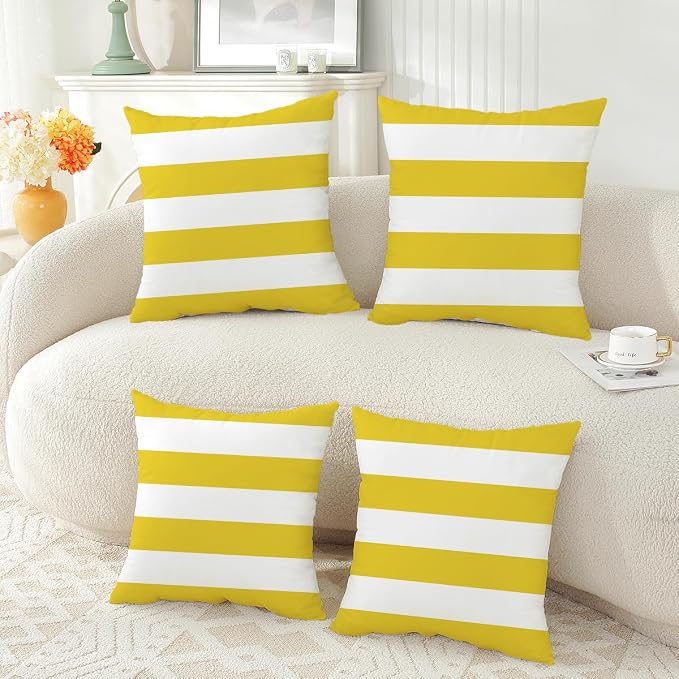 TAOSON Yellow White Striped Outdoor Throw Pillow Covers 18x18 Inch,Set of 4 | White Striped Waterproof Decorative Cushion Cases for Patio, Garden, Balcony & Couch
