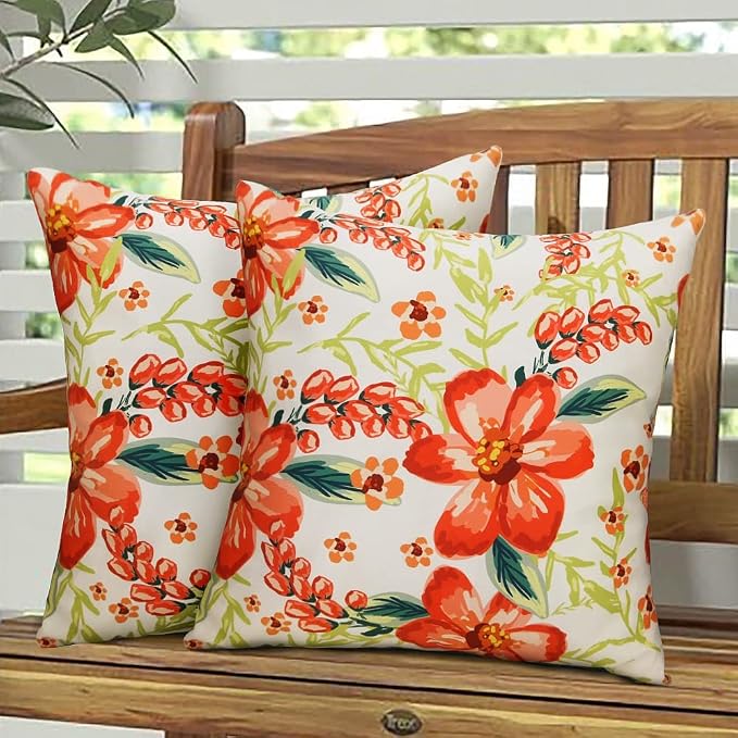 Pyonic Outdoor Pillows Covers Pack of 2 Spring Floral Waterproof Throw Pillow Covers 18X18 inch Outdoor Pillows for Patio Furniture Garden Square Outside Waterproof Pillow