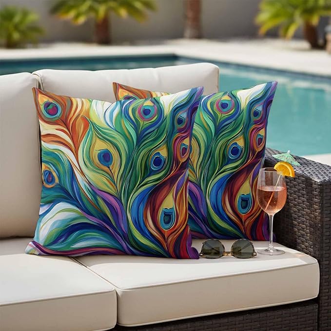 Colorful Peacock Feathers Outdoor Pillow Covers 20x20 Inch Throw Pillow Covers Set of 2 Waterproof Decorative Pillow Cases Oil Painting Abstract Art Cushion Covers for Patio Furniture Garden Couch
