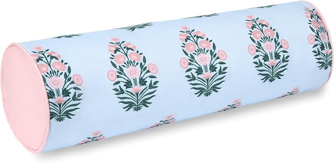 Hofdeco Premium Coastal Grandmillennial Patio Indoor Outdoor Bolster Pillow Cover Only, 6"x20" Water Repellent for Backyard, Couch, Poolside, Baby Blue Pink Print Flower