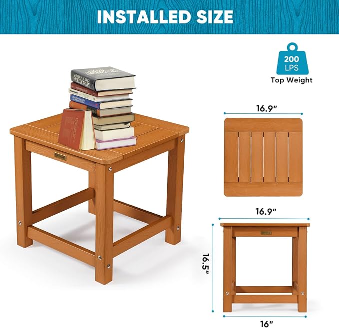 Outdoor Side Table Set of 4, HIPS Plastic Composite Adirondack Patio Table, Weather Resistant End Tables for Outside, Indoor, Patio, Garden, Pool, Porch, Backyard, Lawn, Deck - Teak