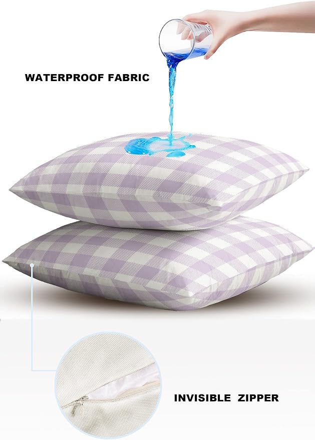 Outdoor Waterproof Throw Pillow Covers Set of 2 Lavender Buffalo Check Plaid Pillowcases 24x24 Inches Farmhouse Style Patio Decorative Pillows Cushion Case Patio Pillows for Couch Bed Chair Garden