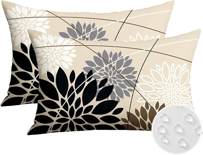 OTOSTAR Outdoor Black Gray Pillow Covers 12x20 Inch Set of 2 White Flower Throw Pillows Farmhouse Geometric Dahlia Floral Lumbar Cushion Case Waterproof Decor for Sofa Patio Funiture Garden