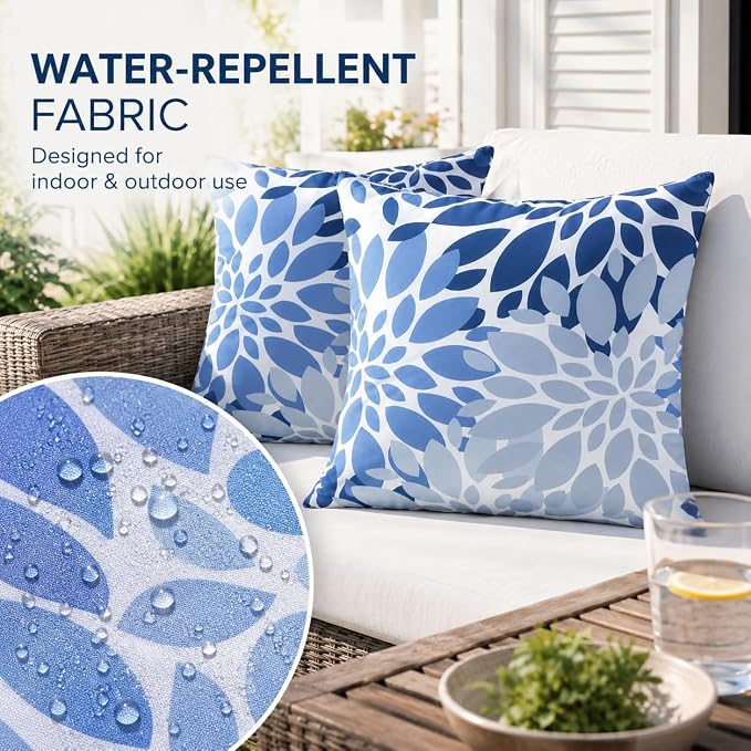 Outdoor Pillows Waterproof 18×18 Inch Decorative Throw Pillows with Inserts | Set of 2 Fade Resistant Outdoor Square Patio Pillows for Coach Couch Sofa Patio Furniture