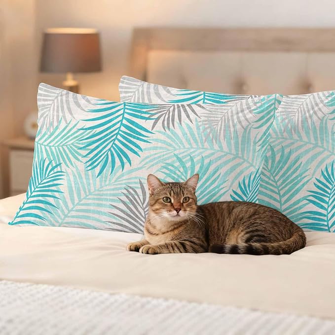 Outdoor Waterproof Throw Pillow Covers, Teal Grey Palm Leaves Decorative Pillow Cases, Summer Botanical Tropical Leaf Couch Pillow Protector Patio Sofa Cushion Covers Replacement 20"x12" 2 Pack