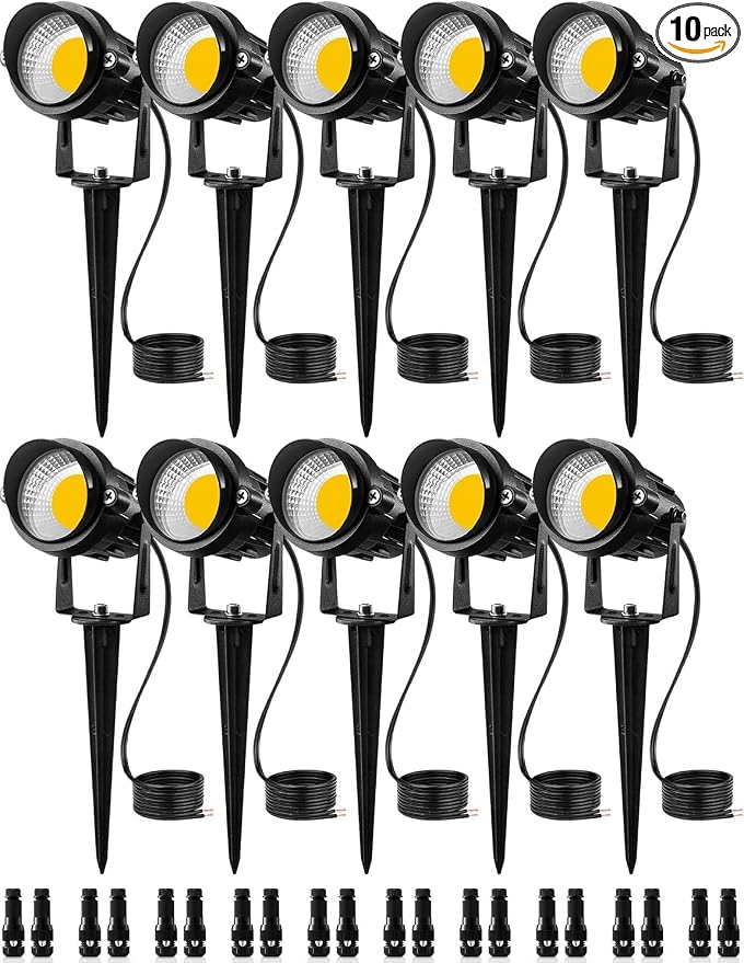 SUNVIE 12W Low Voltage LED Landscape Lights with Connectors, Outdoor 12V Super Warm White (900LM) Waterproof Garden Pathway Lights Wall Tree Flag Spotlights with Spike Stand (10 Pack with Connector) | Outdoor 12V Waterproof Super Warm White 900LM Garde...