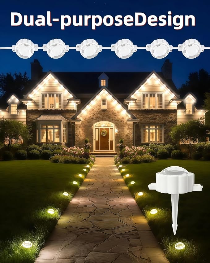Permanent Warm White Outdoor Lights - 54FT 36 LED Christmas String Lights for Eaves & In-Ground, 8 Modes via Built-in Button, IP67 Waterproof, Yard, Patio Lights