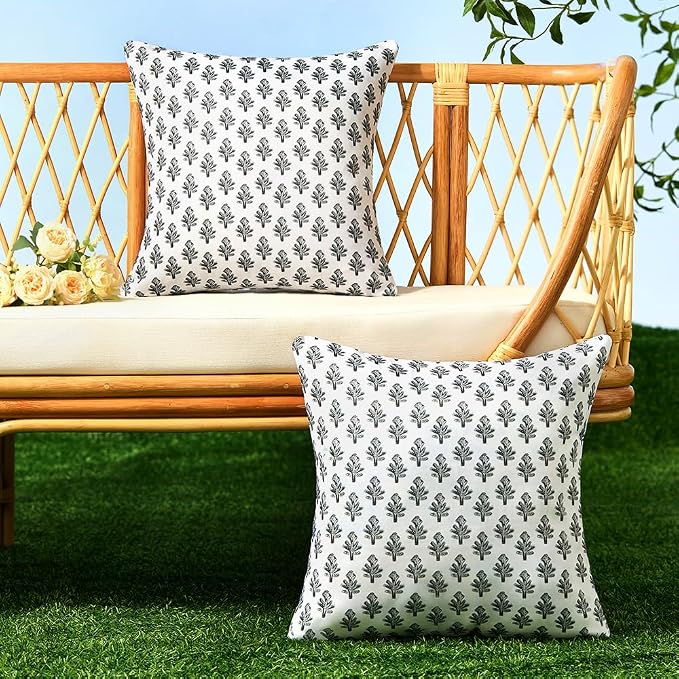 Outdoor Pillow Covers 18x18 Set of 2 Boho Black Floral Accent Print Decorative Throw Pillow Cases for Outdoor Waterproof Patio Furniture Garden Porch Sofa Bed Cushion Covers Home Decor JB005-A18