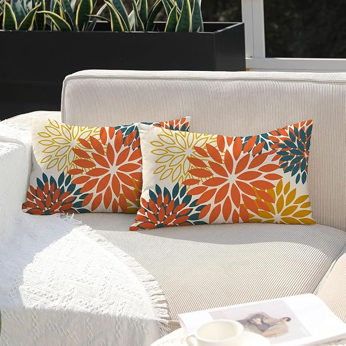 DFXSZ Outdoor Waterproof Pillow Covers 12x20 Set of 2 Orange Yellow Flower | Spring Summer Waterproof Flower Throw Pillowcases（No Inserts）Outdoor Decor for Fall Patio Funiture Garden Polyester Covers