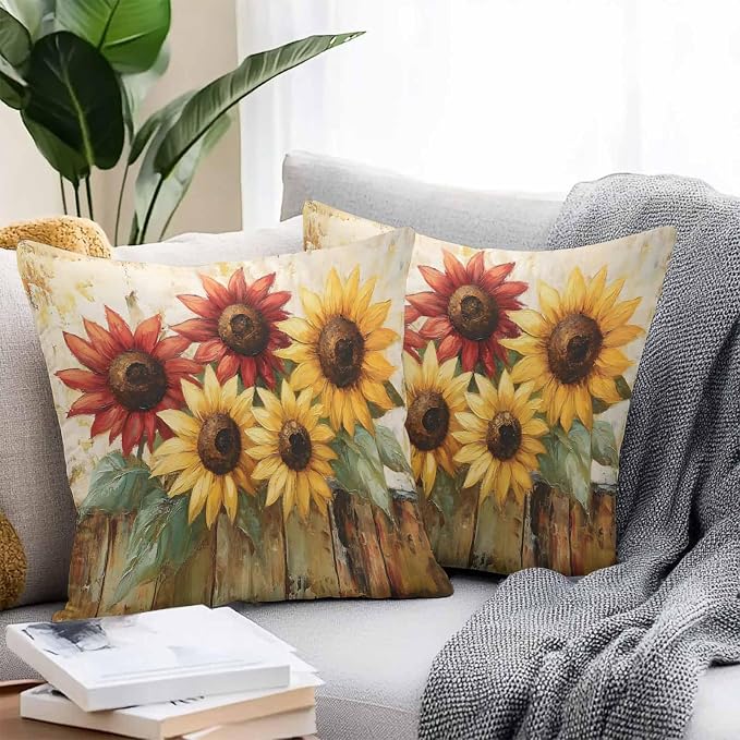 Retro Farmhouse Red Yellow Sunflower Outdoor Pillow Covers 16x16in Pack of 2 Waterproof Pillowcase Vintage Rustic Wood Floral Decorative Throw Cushion Case for Patio Couch Sofa
