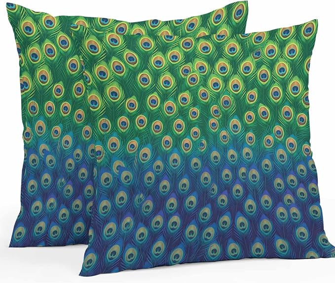 Peacock Feathers Outdoor Waterproof Pillow Covers, Ombre Blue Green Modern Animals Printed Decorative Square Throw Pillowcase Sofa Cushion Sham for Patio/Couch/Chair, 20"x20" 2 Pack