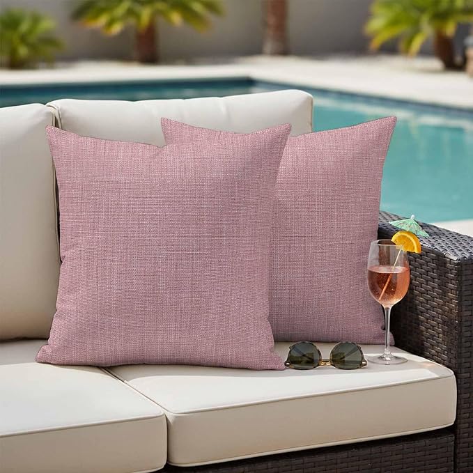 Outdoor Waterproof Throw Pillow Covers Set of 2 Pink Linen Pillowcases 26x26 Inches Farmhouse Pure Color Decorative Pillows Cushion Case Patio Pillows for Couch Bed Chair Garden