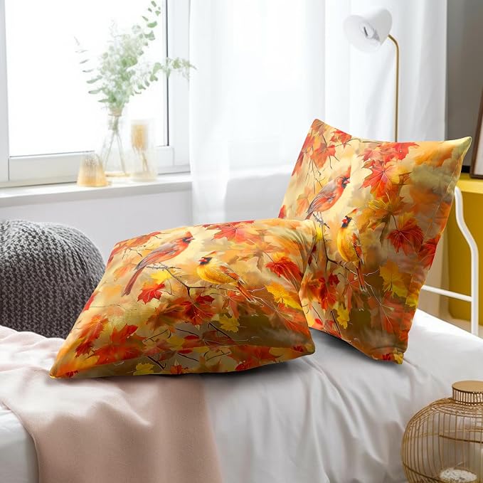 Maple Leaf Fall Pillow Cover Set of 2, 20x20 Inch Autumn Harvest Tree and Birds Rustic Farmhouse Cotton Linen Square Cushion Case for Couch Sofa Bed Patio Living Room Home Decor