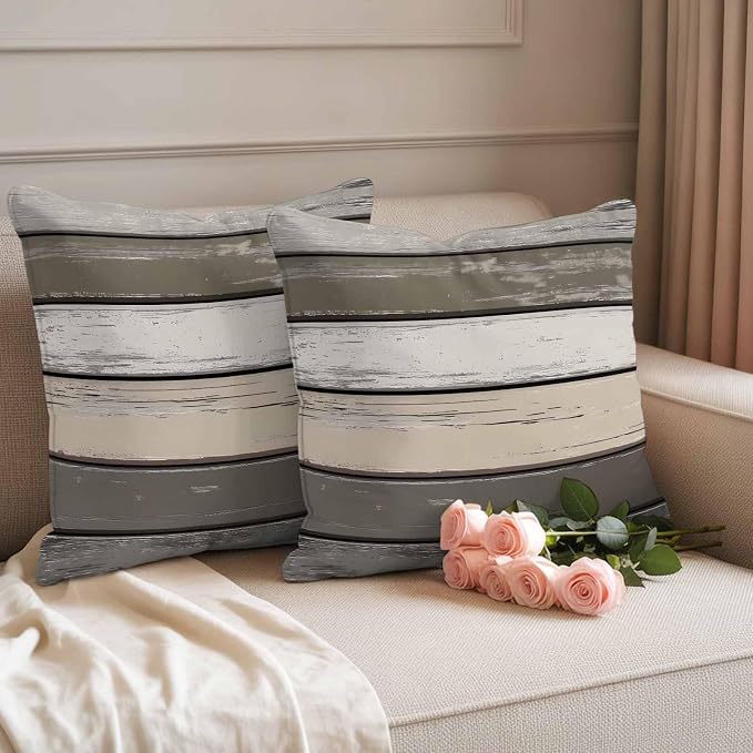 Retro Dark Grey Stripe Outdoor Waterproof Throw Pillow Covers Set of 2, 26"x26", Peeling Paint Effect Texture Decorative Pillow Covers Outside Cushion Case for Patio Porch Garden