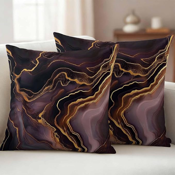 Abstract Marble Texture Outdoor Waterproof Throw Pillow Covers Set of 2, 18"x18", Purple Gold Waves Art Decorative Pillow Covers Outside Cushion Case for Patio Porch Garden