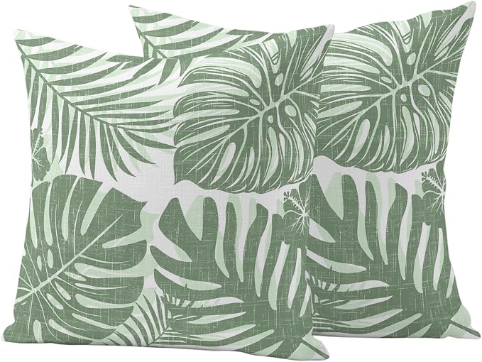 Green Palm Leaves Outdoor Pillow Covers 20"x20" Set of 2, Tropical Botanical Minimalist Modern Waterproof Throw Pillow Covers for Patio Furniture, Decorative Cushion Covers for Porch