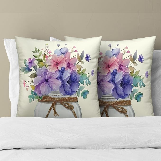 Watercolor Floral Pillow Covers 22x22 Inch Set of 2- Colorful Blue Purple Botanical Flower Decorative Throw Pillowcase Soft Cushion Cover for Sofa Couch Bed Patio Living Room