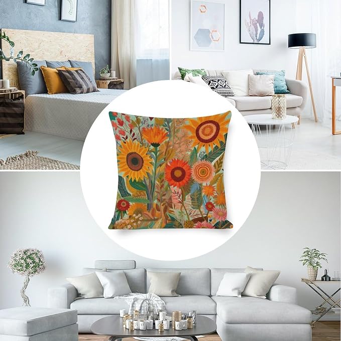 Outdoor Throw Pillows Colorful Painting of Sunflowers Poppies Cushion Pillow Cover 18"x18" Retro Yellow Flower Throw Pillow Covers Pillow Case Farmhouse Rustic Cushion Case for Sofa Couch